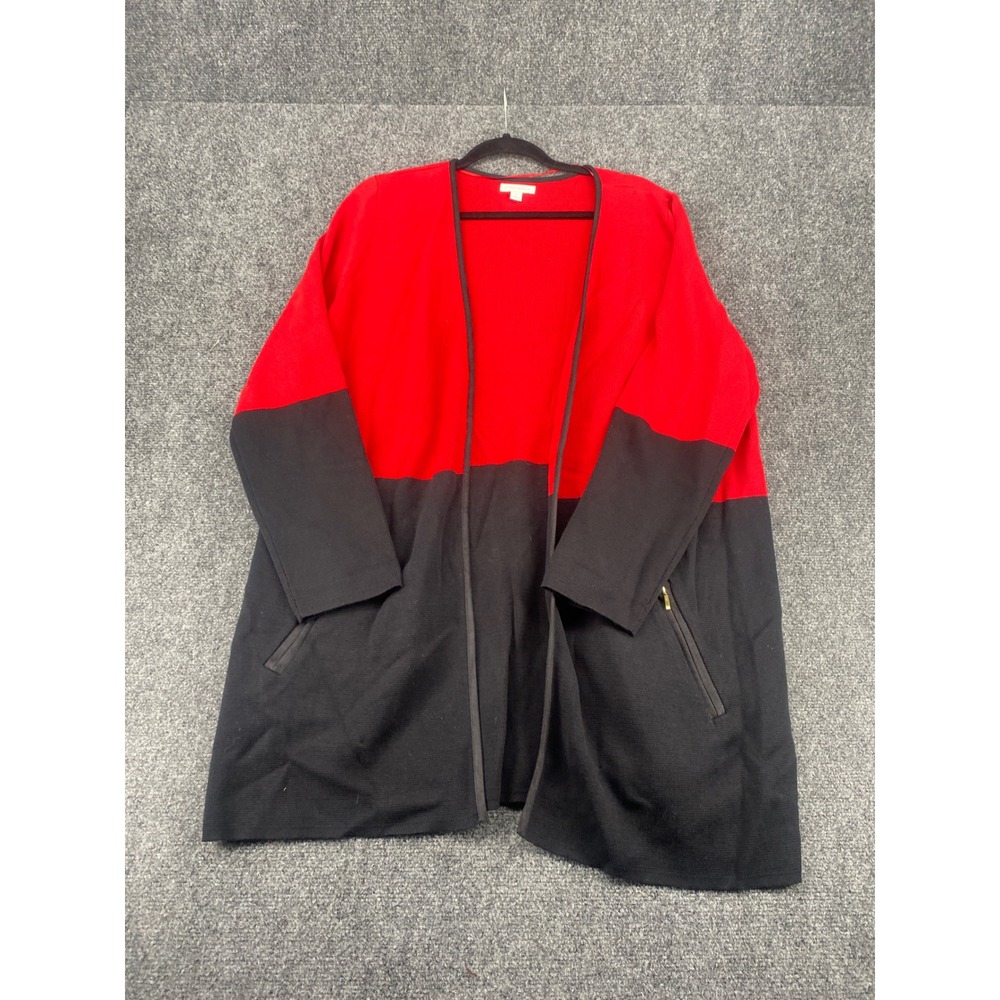 Charter Club Colorblock Open Front Cardigan XL Red Black Knit Zip Pocket Sweater